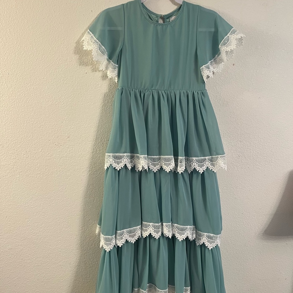 Elegant Teal Lace Trim Kids Formal Dress